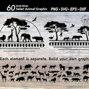 60 sagome di animali da safari, paesaggio, scena SVG, pacchetto grafico / natura del Sud Africa / amante degli elefanti / leone / giraffa / rinoceronte / zebra