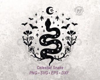Celestial Snake Halloween SVG Clipart Silhouette | Crescent Moon & Star Flower Cut File (Digital Download)