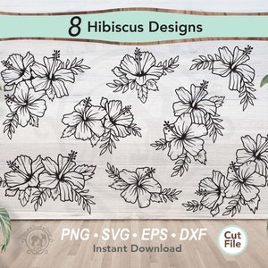 8 Tropisches Hibiskus Blumenarrangement SVG Blumenstrauß Bundle | Botanische Hochzeit Einladungskarte Blumenecken-Dekor | Garten Line Art