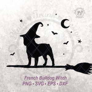 Hond Halloween SVG Franse Bulldog Spooky Witch Broom Dog Shirt grafisch gesneden bestand | Leuk hondenliefhebbercadeau herfstseizoen | Halve maan en vleermuishemel