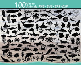 Paquete SVG de 100 animales marinos / Siluetas de peces / Archivos de corte de vida marina de verano / Imágenes prediseñadas de tiburones, tortugas marinas, delfines, ballenas y pulpos