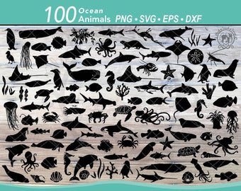 Paquete SVG de 100 animales marinos / Siluetas de peces oceánicos / Archivos de corte de vida oceánica de playa de verano / Imágenes prediseñadas de tiburones, tortugas marinas, delfines, ballenas, pulpos