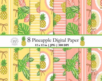 8 Pineapple Seamless Pattern JPG Bundle | Tropical Leaf Printable Summer Scrapbook Repeat Background | Digital Paper Download