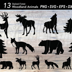 13 ensembles de silhouettes d'animaux de la forêt SVG | Scène forêt arbre clipart Ours | Chemise cerf | Wapiti | Loup | Renard | Orignal | Arbre de Noël
