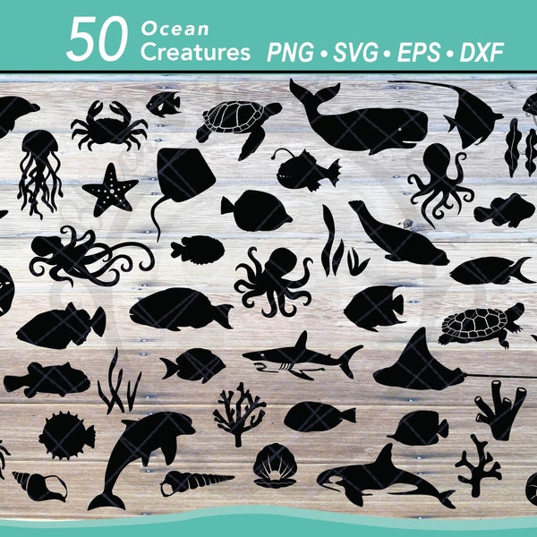 50 Ocean Animals SVG Bundle | Fish Silhouettes | Underwater Animal Clipart |Sea Turtle, Dolphin, Whale, Octopus, Sea Shell, Coral, Sea Horse