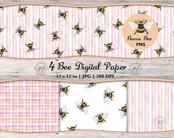 4 Bee Seamless Pattern JPG Bundle | Lilac Peach Watercolor Stripe & Plaid (Digital Download)