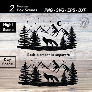 2 Fox forêt arbre montagne lune paysage SVG | Scène de la forêt animale | Fichier de coupe de bois | Silhouette d'arbre de pin d'hiver avec des étoiles