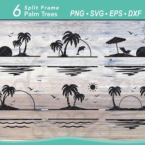 6 file SVG con cornice divisa per palme / Cornice divisa per monogrammi di famiglia / Cornice con nome sulla spiaggia / Silhouette di palma, onda dell'oceano, tramonto