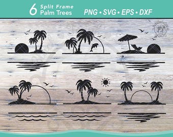 6 Palm Tree Split Frame SVG Bundle Cut File | Family Monogram Split Frame | Beach Name Frame | Palm Tree Silhouette, Ocean Wave, Sunset