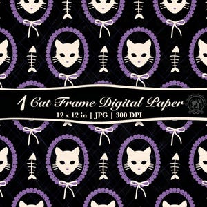May include: Digital paper featuring a repeating pattern of white cat faces in purple oval frames, white bows, and fish bones on a black background. The text "1 Cat Frame Digital Paper" is displayed on a black banner.