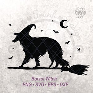 Borzoi SVG Upiorny Halloween Witchy Dog Shirt Graphic | Uroczy jesienny sezon Duży pies czarownica na miotle sylwetka plik | Półksiężyc Nietoperz Niebo