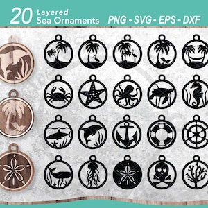 20 Tropischer Ozean Dekoration SVG Bundle | Weihnachtsbaum Layered Ornament SVG | Palme Weihnachtsverzierung SVG | Flamingo | Strandkorb