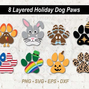 8 Paw Print SVG Bundle | Uroczy pies Bandana PNG Clipart | Warstwowa świąteczna grafika wektorowa dla zwierząt | Boże Narodzenie, Halloween, Wielkanoc, St Patti