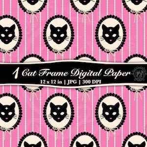 May include: Digital paper featuring a repeating pattern of black cat faces in oval frames with a scalloped edge, tied with a bow. The background is pink with vertical white stripes. The text reads "1 Cat Frame Digital Paper 12 x 12 in | JPG | 300 DPI."