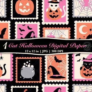 Può includere: Un foglio di carta digitale con disegni di francobolli a tema Halloween. I francobolli mostrano zucche, gatti con cappelli da strega, pipistrelli, ragni e ragnatele in arancione, rosa e nero. Il testo recita "1 Cat Halloween Digital Paper 12 x 12 in | JPG | 300 DPI."