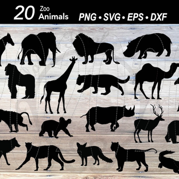 Lot d'animaux de zoo SVG Silhouette | Éléphant| Lion| Girafe| Rhinocéros| Hippopotame| Guépard| Chameau| Zèbre| Koala| Tigre| Loup| Gorille| Flamant rose| Renard