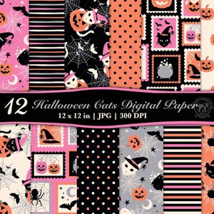 以下が含まれることがあります： 12枚のハロウィーンをテーマにしたデジタルペーパーのコレクション。デザインは、猫、カボチャ、コウモリ、クモの巣をピンク、黒、オレンジ、グレーで表現しています。「12 Halloween Cats Digital Paper 12 x 12 in | JPG | 300 DPI」と書かれています。
