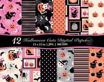 May include: A collection of 12 Halloween-themed digital papers. The designs feature cats, pumpkins, bats, and spiderwebs in pink, black, orange, and gray. The text reads "12 Halloween Cats Digital Paper 12 x 12 in | JPG | 300 DPI".
