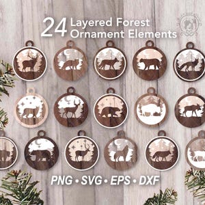 Lot de 24 boules de Noël animaux de la forêt découpées au laser fichier SVG | Ornement suspendu multicouche, décoration d'arbre de Noël à faire soi-même | Décoration de boule en bois ronde