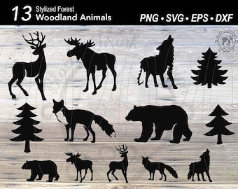 13 Forest Woodland Animal SVG Clipart Bundle | Christmas Pine Tree Silhouettes | Bear, Deer, Moose, Wolf, Fox Cut File (Digital Download)