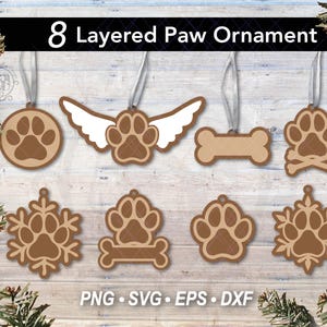 8 kerstpootornamenten SVG-bundel | Blanco gelaagde vakantie huisdier ornament lasergesneden bestand | Afdrukbare DIY sneeuwvlok hondennaam boomdecor bot