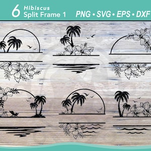 Peut inclure: Conception numérique avec six cadres divisés noirs sur le thème tropical. Chaque cadre comprend des éléments tels que des palmiers, des fleurs d'hibiscus et des vagues océaniques. Le texte "6 Hibiscus Split Frame 1" est en haut, avec des indicateurs de type de fichier.