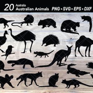 Siluetas SVG de animales australianos: ornitorrinco, canguro, demonio de Tasmania, koala, ualabí, wombat, quokka, casuario, emú y equidna.