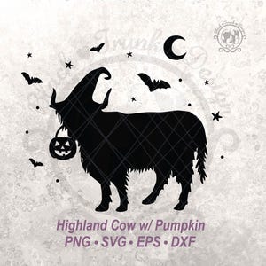 Halloween Highland Cow Pumpkin SVG Spooky Witchy Farm Animal Shirt vectorafbeelding | Schattig herfstsilhouet | Halve maan en vleermuishemel