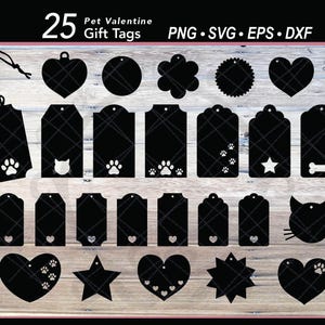 Pacote com 25 etiquetas de presente em formato de coração SVG | Etiqueta em branco personalizável para impressão com pata de gato e cachorro para o Dia dos Namorados | Etiqueta para pendurar para presente de aniversário e feriado faça você mesmo