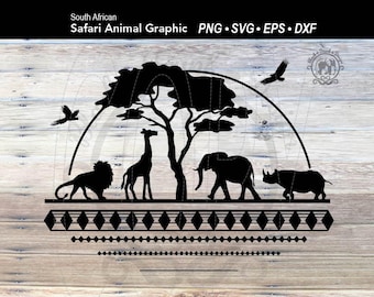 Safari Animal Silhouette Landscape SVG Clipart Shirt Graphic | South Africa Scenery with Elephant, Giraffe, Rhino, Lion (Digital Download)