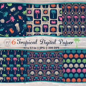 Puede incluir: Seis diseños de papel digital tropical con patrones repetidos de palmeras, conchas marinas y vida marina en tonos de azul, rosa, naranja y verde. El papel mide 30,48 x 30,48 cm.