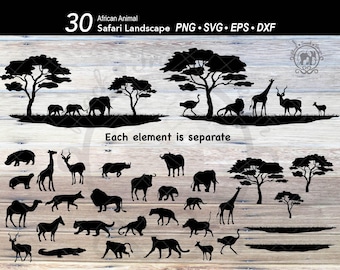 30 Safari Africa Silhouette Animal SVG Bundle | Africa Scene | Safari Landscape | Elephant | Lion | Giraffe | Rhino | Hippo | Hyena | Zebra