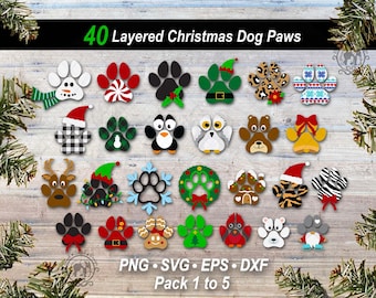 40 Christmas Dog Paw Print SVG Bundle | DIY Layered Animal Winter Pet Cut Files | Holiday Season Clipart Graphics (Digital Download)