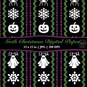 May include: Digital paper with a repeating pattern of white spiders, snowflakes, jack-o'-lanterns, and ghosts on a black background. The design includes green and purple accents, with the text "Goth Christmas Digital Paper".