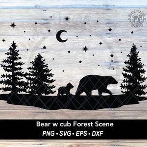 Ours SVG scène d'hiver Silhouette coupe fichier | Graphique de chemise d'animal de forêt enneigée | Scène d'extérieur en sapin de Noël avec lune et étoile