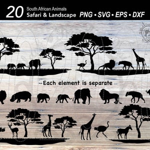 20 Safari Africa Silhouette Animal SVG bundle | Africa scene | Safari landscape | Elephant | Lion | Giraffe | Rhino | Hippo| Ostrich | Zebra