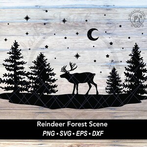 Rendier SVG winterlandschap shirt vectorafbeelding | Besneeuwd bos bos scène silhouet | Kerstdennenboom gesneden bestand buitenshuis Clipart