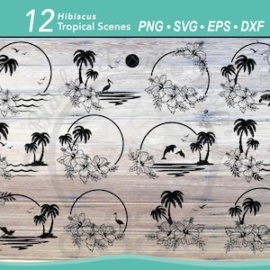 Lot de 12 scènes de l'océan SVG | Cadre tropical à fleurs hawaïennes d'hibiscus | Paysage d'été de plage Silhouette de palmier fichier de coupe graphique numérique