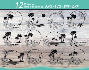May include: Twelve black and white digital illustrations of tropical scenes featuring hibiscus flowers, palm trees, ocean waves, dolphins, turtles, and flamingos. The illustrations are set against a woodgrain background. PNG, SVG, EPS, and DXF file formats.