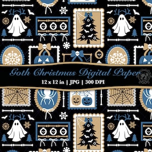 以下が含まれることがあります： ゴシッククリスマスの要素が繰り返されるデジタルペーパー。デザインは、黒い背景にベージュ、青、白のゴースト、クモの巣、カボチャ、クリスマスツリー、雪の結晶が特徴です。「Goth Christmas Digital Paper」のテキストが含まれています。