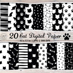 Lot de 20 papiers numériques chat transparents JPG | Papier de scrapbooking imprimable pour animaux de compagnie | Impressions de motifs en noir et blanc |  Ensemble d'arrière-plan design chat mignon