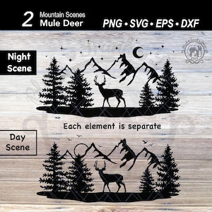 Maultier Hirsch Bergszene SVG | Tier Wald Winter Landschaft Laser Cut Datei | Anpassbare Herbst Wald Kiefer Baum Silhouette Halbmond