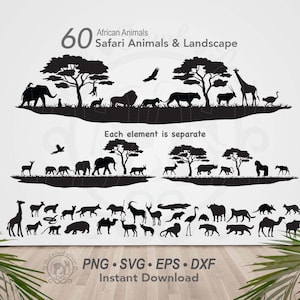 Paquete de 60 siluetas de animales de safari en África SVG / Escena de África / Paisaje de safari / Decoración de pared de safari / Bebé elefante / León / Jirafa / Rinoceronte