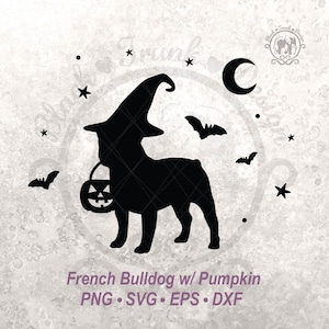 Kürbis Halloween Hund SVG Französische Bulldogge Spooky Witchy Hund Shirt Grafikdatei | Gruselige niedliche Herbstsaison Silhouette | Halbmond & Fledermaus