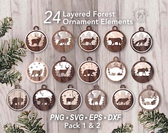 24 Forest Animal Christmas Bauble Laser Cut File SVG Bundle | Multilayer Hanging Ornament DIY Holiday Tree Decoration |Round Wood Ball Decor
