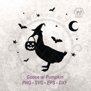Camiseta de Halloween com abóbora de ganso, SVG, animal de fazenda assustador e bruxa, gráfico vetorial | Silhueta fofa de pássaro de outono | Lua crescente e céu de morcego