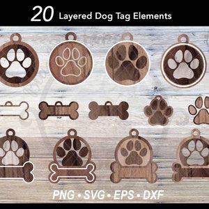 Pacchetto di 20 ornamenti per cani in formato SVG / Ciondolo a forma di osso di cane a strati / File digitali stampabili con taglio laser per cani / Decorazione natalizia con impronta di zampa per cani
