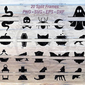 20 Halloween Name Tag Split Frame SVG Bundle | Witchy Spooky Fall Season Spider Silhouette Bat, Wolf, Cat, Coffin, Pumpkin, Ghost Sign