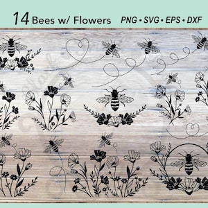 14 abeilles Bundle fleur SVG | Bordure de couronne florale de fleurs sauvages | Cadre floral botanique bourdon | Clipart bouquet de fleurs | Fichier de coupe abeille