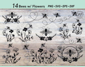 14 Bee Bundle Flower SVG | Wildflower Floral Wreath Border | Bumble Bee Botanical Flower Frame | Flower Bouquet Clipart |Honey Bee Cut file